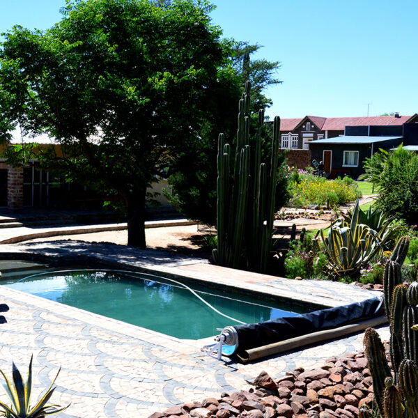Poolbereich der Lodge mit Garten, Kakteen und Sitzgelegenheiten auf der Farm in Namibia.