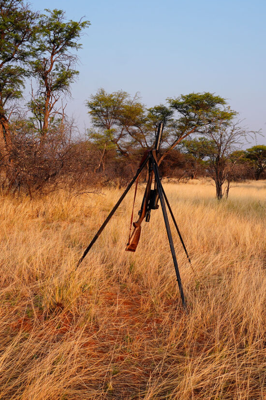 Jagdgewehr auf Zielstock in der afrikanischen Savanne